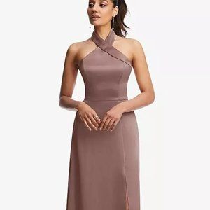 Dessy 3123.Shawl Collar Open-Back Halter Maxi Dress with Pockets..Sienna..Sz 14